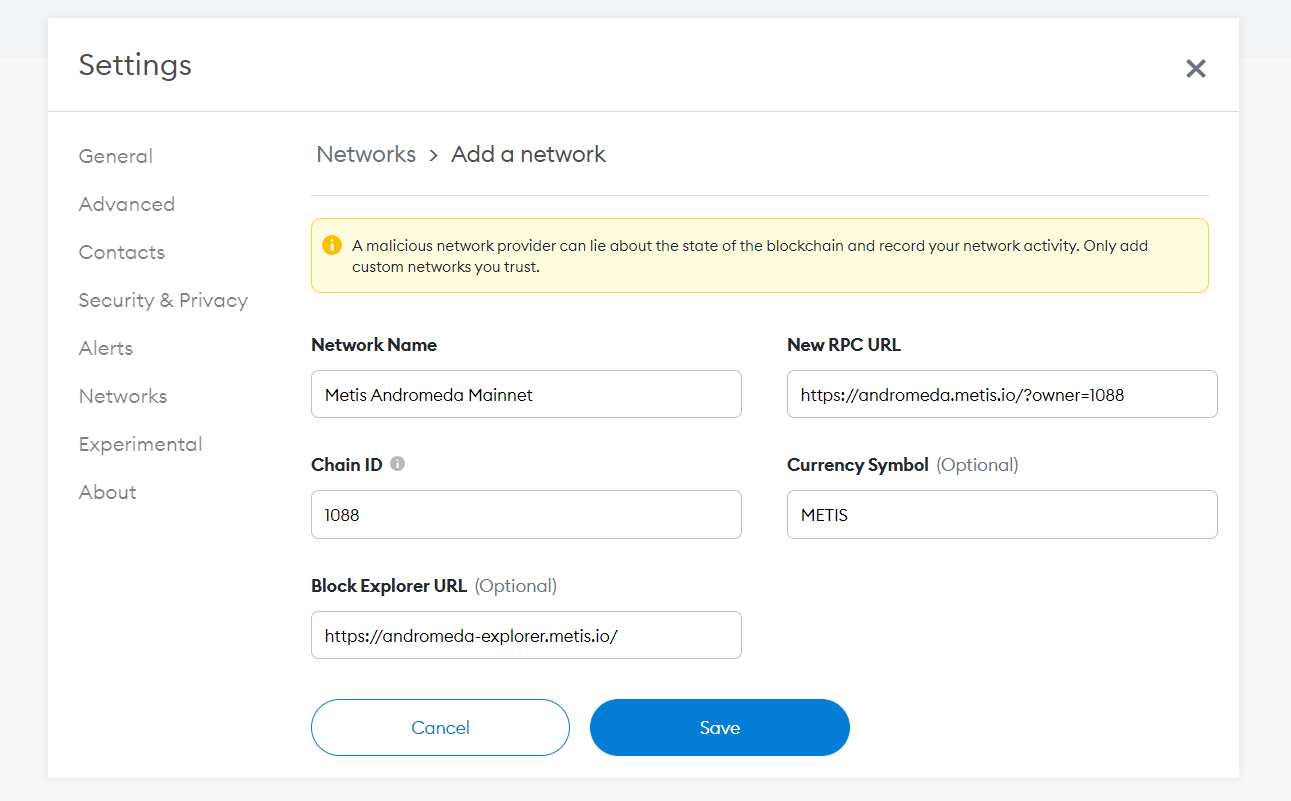 metis mainnet metamask settings