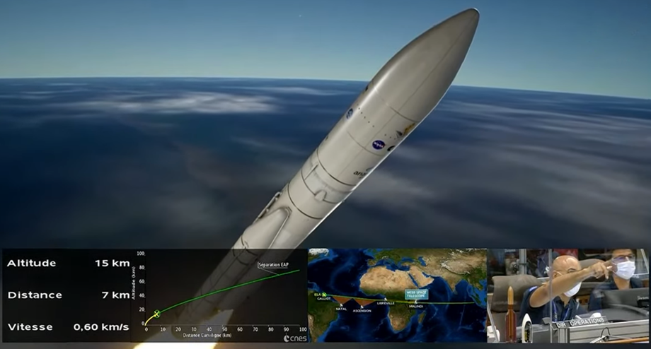 1min 12sec: Animation of Ariane 5 rocket ascending at a speed of 0.6 km/s and an altitude of 15km, 7km away from the Spaceport. NASA/ESA, 25 December 2021.