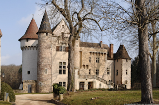 A foto mostra o castelo de Aulteribe. O castelo é bege, com duas torres de telhado pontudo à esquerda. O telhado das torres é em tons de marrom. Ao redor do castelo, um gramado e duas árvores sem folhas.