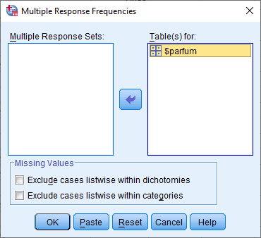 kotak dialog Multiple Response Frequencies di SPSS