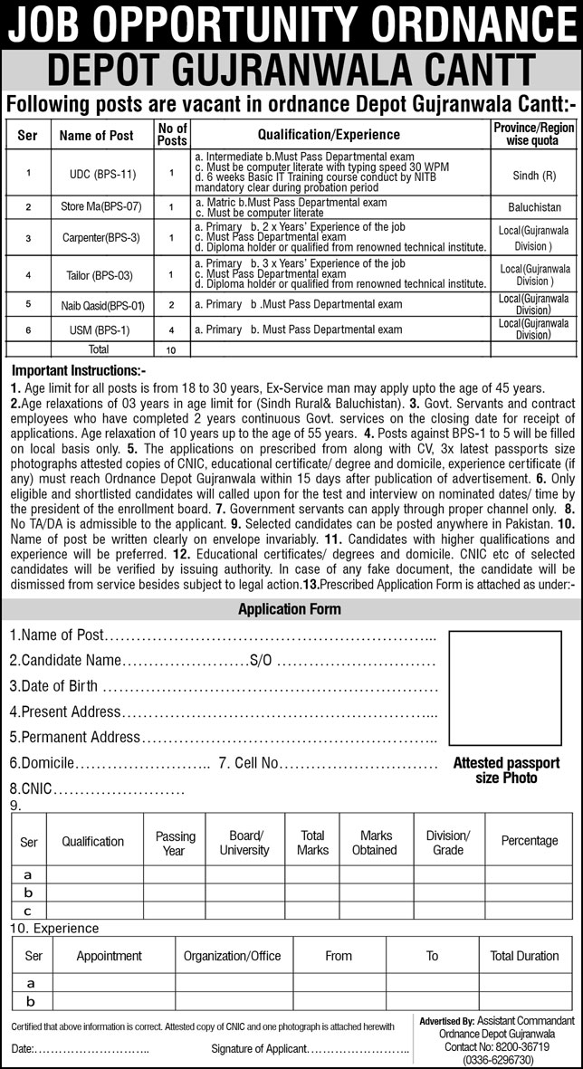 Ordnance Depot Gujranwala Jobs 2022 | Latest Job in Pakistan