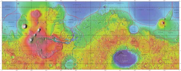 Este mapa topográfico de Marte, realizado por el instrumento de medición láser Mars Global Surveyor, muestra las distintas regiones de Marte. Acidalia Planitia puede verse en la parte superior, cerca del centro. Crédito: MGS/MOLA.
