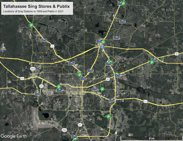 Map of Tallahassee Sing Oil Company Food Stores and Publix Supermarkets