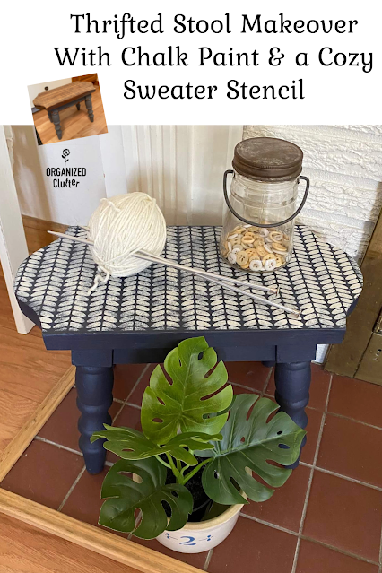 Photo of a navy chalk painted stool stenciled with a cable knit cozy sweater stencil.