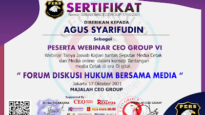 Sertifikat Para Peserta Webinar Segment #6 dalam Tema " Forum Diskusi Hukum Bersama Media "