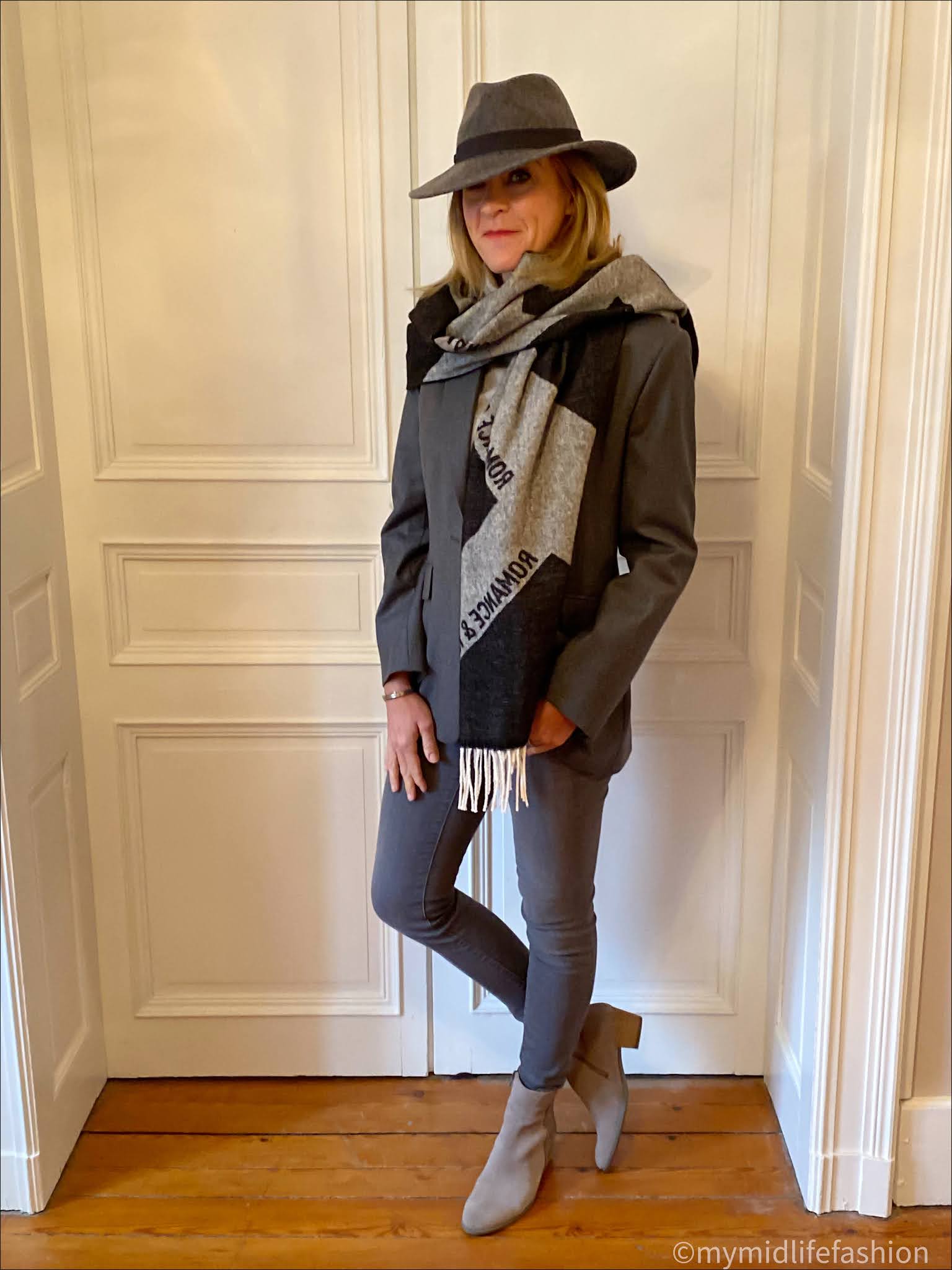 my midlife fashion, saint and Sofia romance and rebellion scarf, Zara wool fedora hat, h and m wool blazer, marks and Spencer pure cashmere roll neck jumper, j crew 8 inch toothpick jeans, Ecco block heel ankle boots