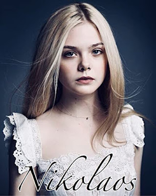 Preteen Elle Fanning in a white dress staring at the camera with a strikingly adult look the caption says Nikolaos