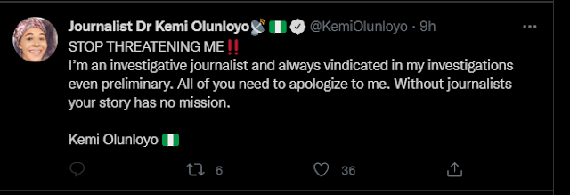 All of you need to apologize to me- Kemi Olunloyo drags all Nigerians over the death of Sylvester Oromoni