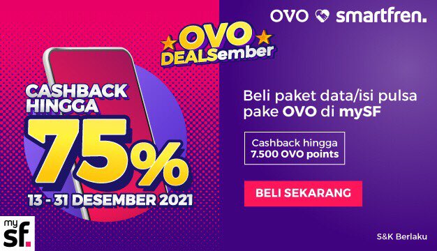 Cashback 75% Paket Data Pakai OVO di Smartfren mySF (s.d 31 Des 2021)