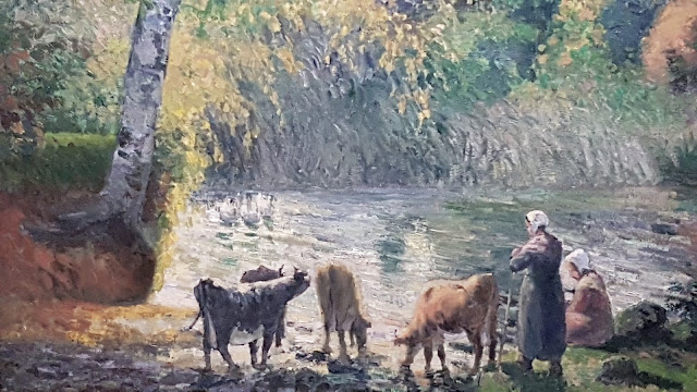Vaches s'abreuvant dans l'étang. Camille Pissarro.Salle à manger d'Alfred  Nunes à Yport. 1875
