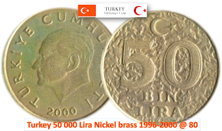 Turkey 50 000 Lira Nickel brass 1996-2000 @ 80