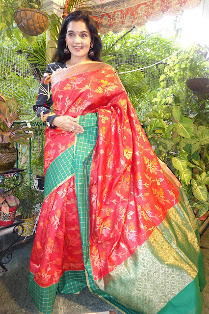 Tussar and silk Bnarasi saree in chilli red and green