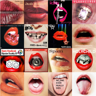 A composite image of 16 album covers featuring lips.