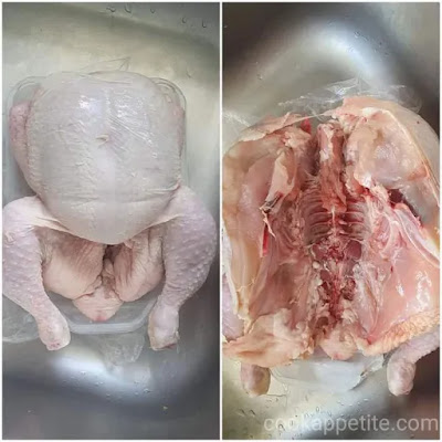 Get a sharp knife and slice the chicken in half by cutting from the breast down.   Pull the breast apart. This process is called butterflying or spatchcocking a chicken