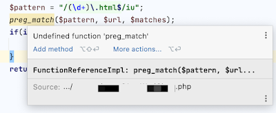將滑鼠游標移到函數名稱上方，出現「Undefined function 'preg_match'」錯誤訊息