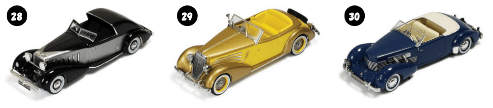 hispano suiza j12 t68 coupe de ville fernandez darrin 1:43, lancia astura pininfarina 1:43, cord 812 convertible phaeton 1:43, coleccion ixo museum