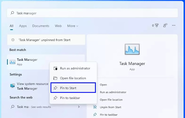 task manager pin to start windows 11
