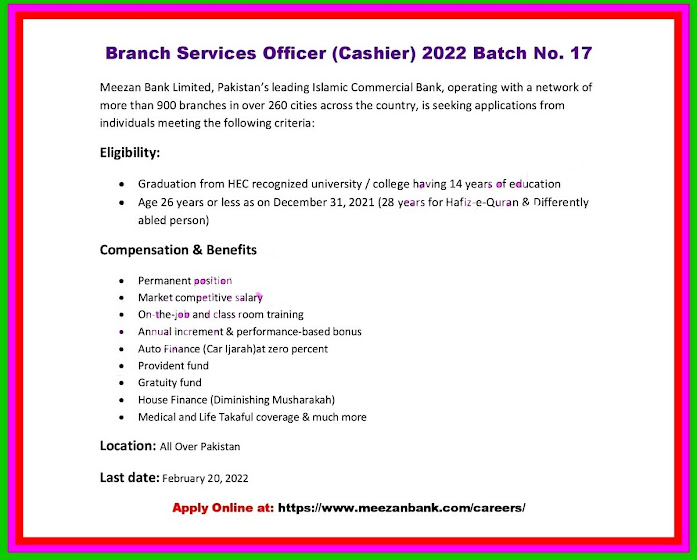 Cashier New Jobs in Meezan Bank Apply Online – Meezanbank.com