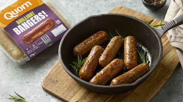 Quorn Brilliant Bangers in a frying pan