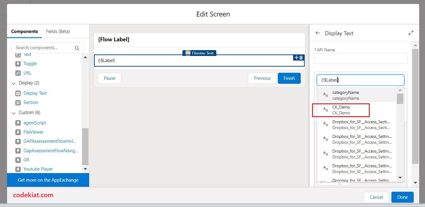 Salesforce flow display text component