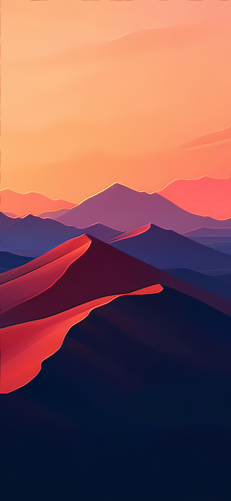 A vibrant digital art wallpaper depicting a sunset over a desert mountain range.
