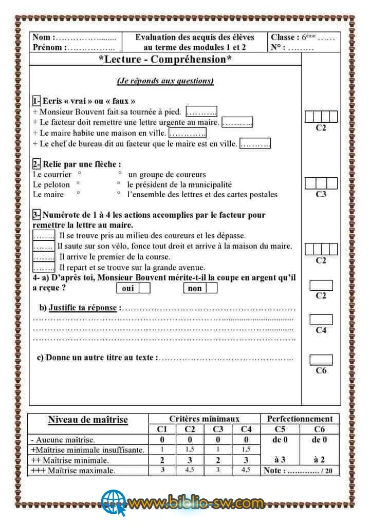 6 ème année : Evaluation des acquis des élèves au terme des modules 1 et 2