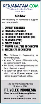 Kerjabatam.com Volex Indonesia Maret 2022