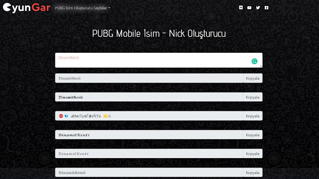 PUBG İsim Şekilleri oluşturucu.