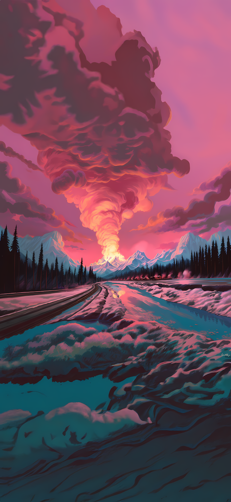 A volcanic eruption illuminates the sky in red and pink hues, with snow-covered mountains and a road in the foreground.