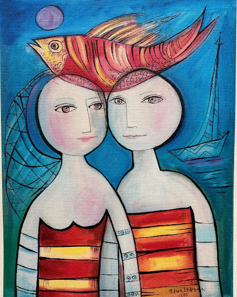 Clara Ledesma. Dos mujeres con un pez. 1985. Acrilica sobre tela. 54 x 24 pulgadas. Coleccion: Baez Tavarez