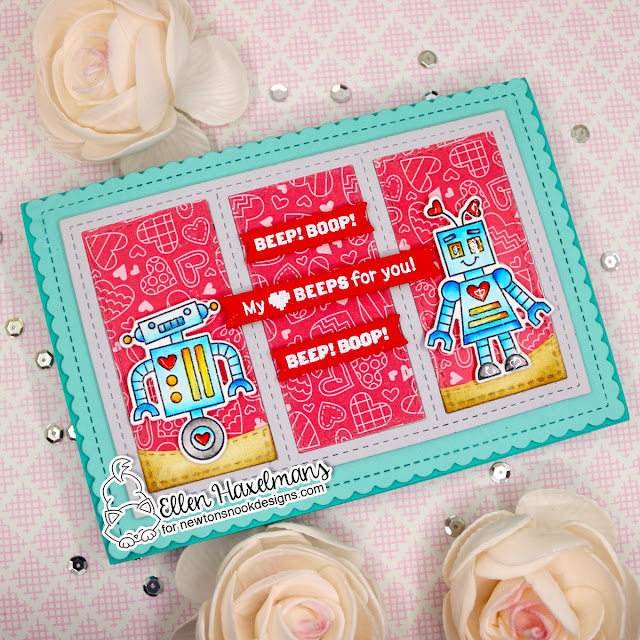 Robot Valentine Card by Ellen Haxelmans | Love Bots Stamp Set, Love & Meows Paper Pad and A7 Frames & Banners Die Set by Newton's Nook Designs