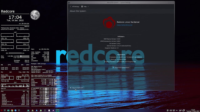 Tela do Redcore Linux instalado e atualizado, mostrando o Conky e o KInfocentre com as informações do sistema