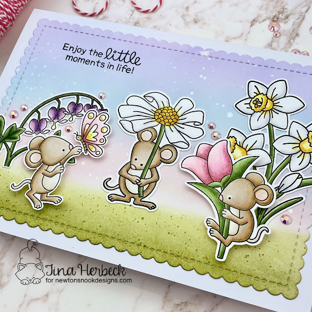 Mouse Garden Card by Tina Herbeck | Garden Mice Stamp Set, Daffodils Stamp Set, Bleeding Heart Stamp Set and A7 Frames & Banners Die Set by Newton's Nook Designs #newtonsnook