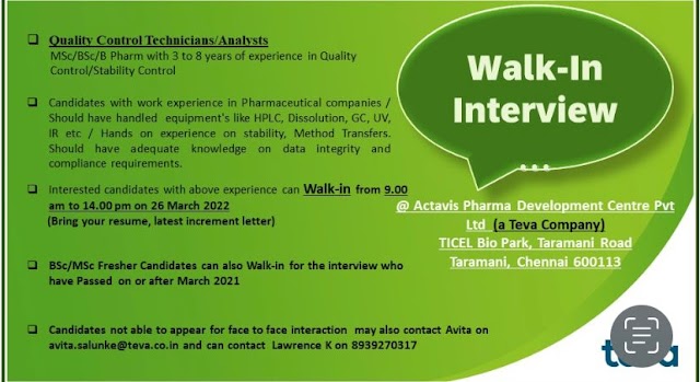 Actavis Pharma | Walk-in interview for Quality control on 26th March 2022