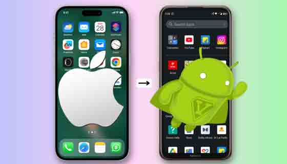 يتم الاحتفاظ بجهاز iPhone 14 Pro وهاتف Android جنبًا إلى جنب مع سهم يشير إلى هاتف Android ، مما يدل على الانتقال من iOS إلى Android