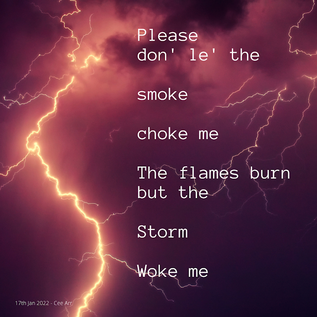 17th January // Please / don' le' the // smoke // choke me // The flames burn / but the // Storm // Woke me
