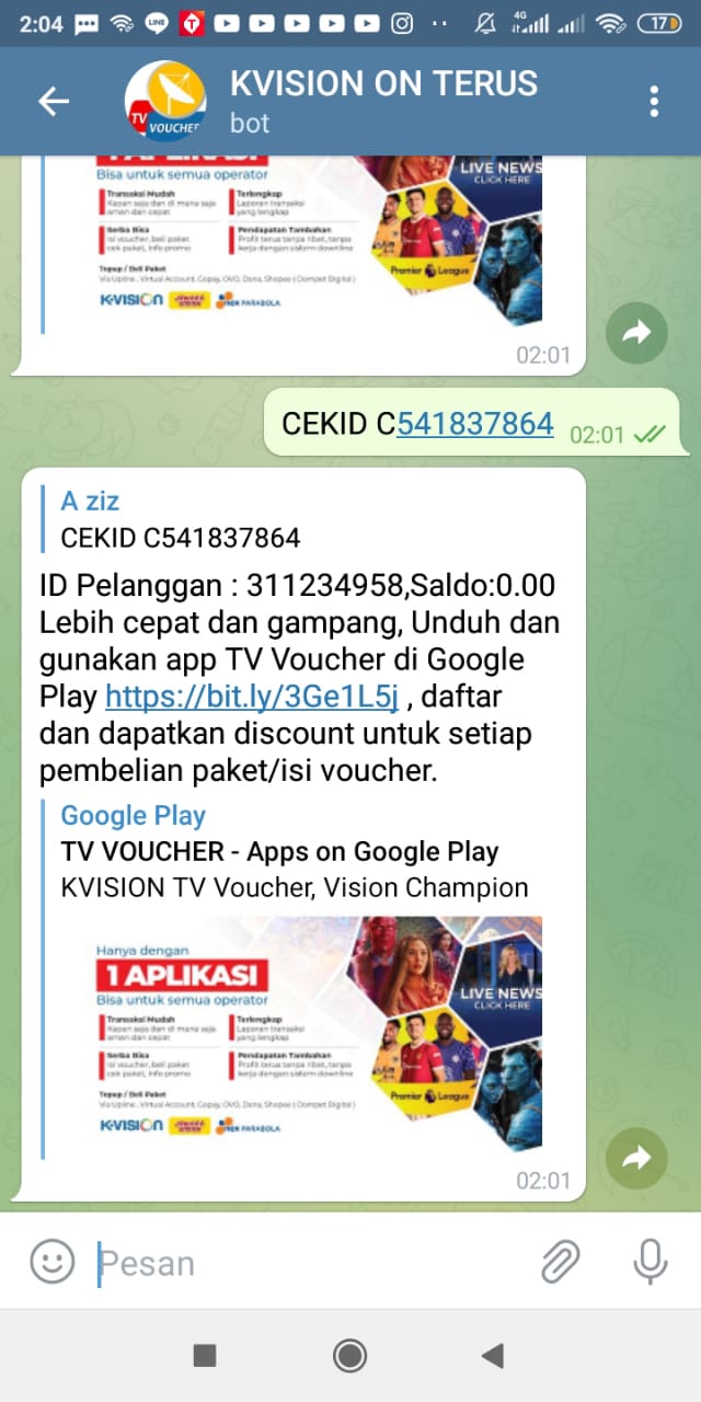 Cara Cek ID Pelanggan K-Vision Dengan BOT Telegram K-Vision Terbaru