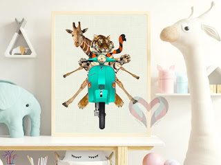 Giraffe riding Vespa scooter with a tiger. Design decorating room.