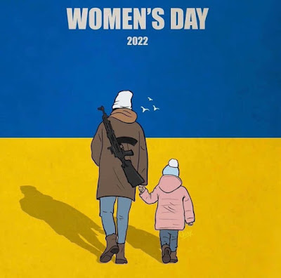 Womens Day in Ukraine 2022 shows drawing of a rear view of people (based on a photo) of a woman with a gun on her shoulder, holding a child's hand