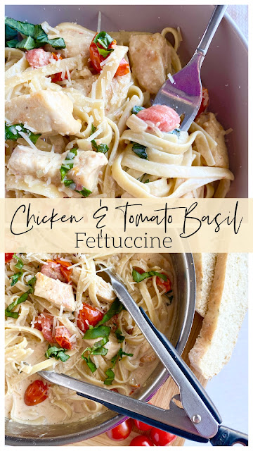 Collage of fettuccine in a skillet with chicken and tomatoes