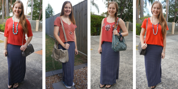 4 ways to wear a navy striped maxi skirt with red tops | awayfromtheblue blog