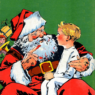 Colorful drawing of Santa Claus sitting with a blond boy on his knee. Santa holds up an index finger as he grins and talks. His fingernails are pointed and bloody. Flecks of blood spot his white beard.