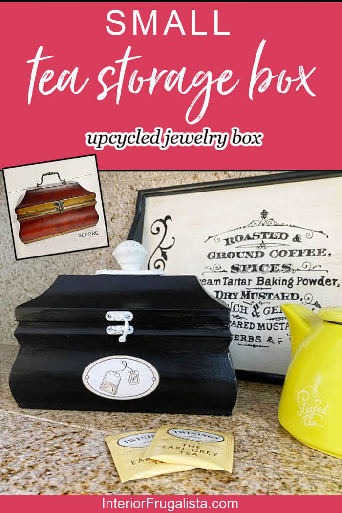 How to upcycle an old wooden jewelry box into a small tea storage box pretty enough to display at a beverage station or the kitchen counter. #teastorageideas #teaboxorganizer #jewelryboxupcycle