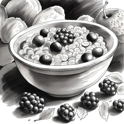 A black and white sketch of a bowl of oatmeal with berries