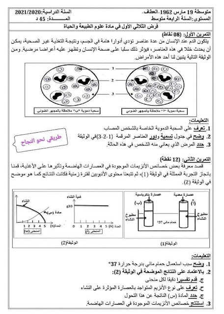 فرض العلوم الطبيعية للسنة الرابعة متوسط للفصل الاول 2021