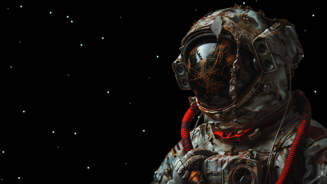 Astronaut in a detailed suit with a reflective visor against a starry space background in 4K resolution.