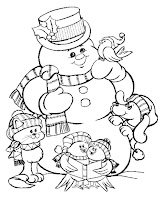 Cute snowman with dog, birds and a cat coloring page