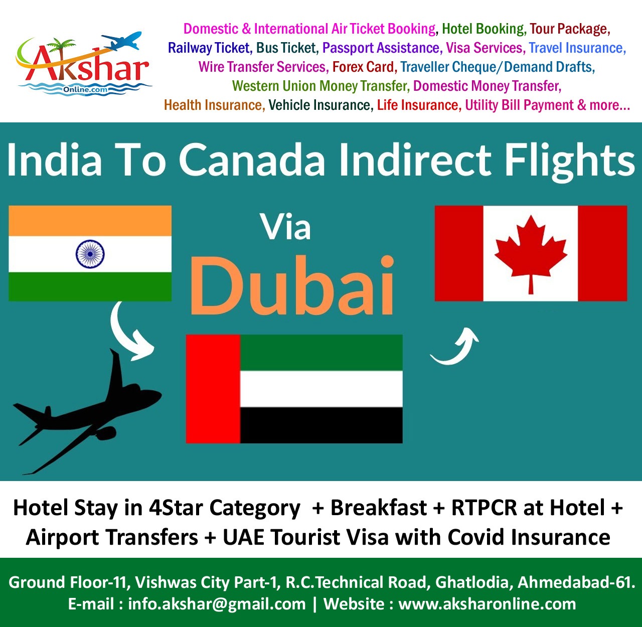 Fly from India to Canada Via Dubai Including Hotel Stay with Breakfast, RTPCR Test at Hotel, Airport Pickup and Drop, UAE Tourist Visa with Covid Insurance and more...., Domestic and International Air Ticket booking, domestic and international hotel booking and tour packages, western union money transfer services, moneygram money transfer services, travel insurance, transfast money transfer services, car rental, wire transfer services, student education fees payment, gic payment, global pay payment, flywire payments, railway ticket, bus ticket and more...