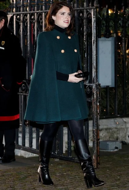 Kate Middleton in red Catherine Walker coat, Princess Beatrice in Fold wool coat, Princess Eugenie in Chloe green cape. Zara Tindall