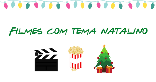 O título é "filmes com tema natalino", na imagem contém luzes de natal, uma claquete, um balde de pipoca e uma árvore de natal.